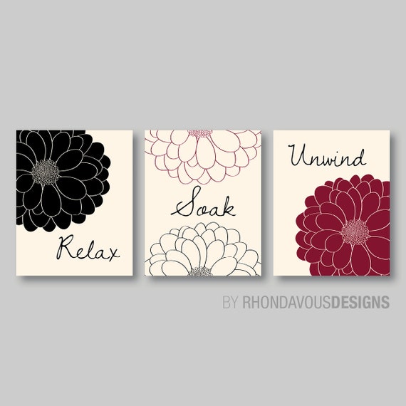 Modern Relax. Soak. Unwind. Print Trio -  Home Bathroom Decor - Shown in Burgundy Red, Black and Ivory - You Pick the Size & Colors (NS-206)