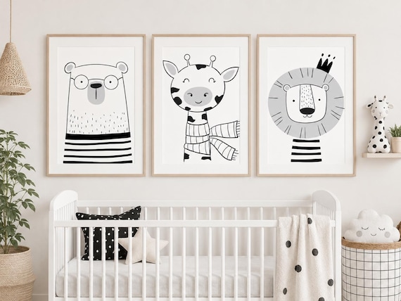 Black and White Animal Nursery Wall Art Set of 3, Modern Baby Decor, Gender Neutral Nursery Prints