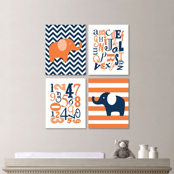 Baby Boy Nursery Art Print - Elephant Nursery Prints - Alphabet Nursery Prints - Nursery Decor - Orange Navy - You Pick the Size (NS-486)