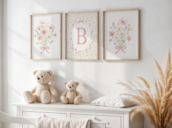 Cottagecore Nursery Wall Art Set of 3: Coquette Baby Girl Room Decor, Pink Floral Prints with Bow & Initial, Above Crib Art