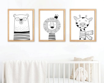 Scandi Animal Wall Art Prints Set. Nursery Print Boy. Giraffe. Bear. Lion. Boy Room Decor. Boys Nursery Decor. Kids Wall Art. Safari Nursery