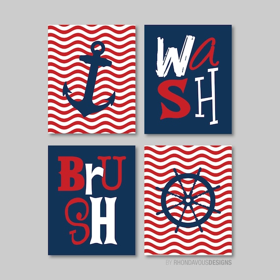 Nautical Bathroom Print Art - Bathroom decor - Bathroom art - Anchor. Wheel. Ocean. Sail. Wave. - Navy Blue Red - You Pick the Size (NS-515)