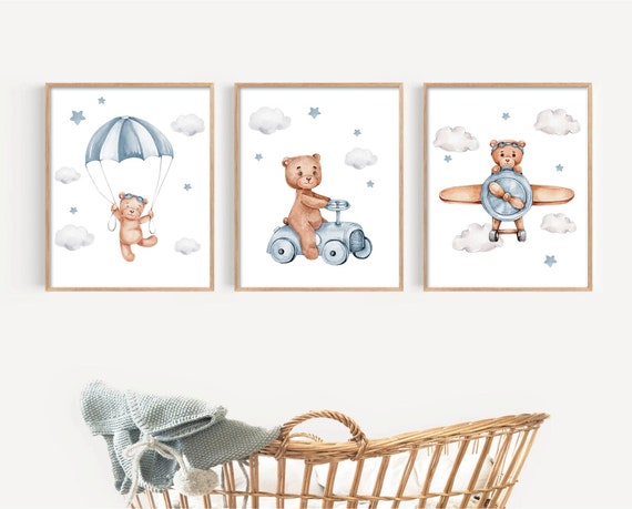 Teddy Bear Nursery Prints, Bear Nursery Decor, Boy Nursery Decor, Nursery Wall Art, Animal Nursery Wall Art Prints, Transportation Nursery