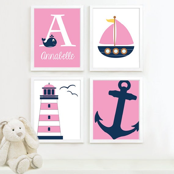 Baby Girl Nursery Art - Girl Nautical Nursery Decor. Nautical Nursery Print. Nautical Nursery Art. Girl Nautical Wall Art. Navy Pink. NS-693