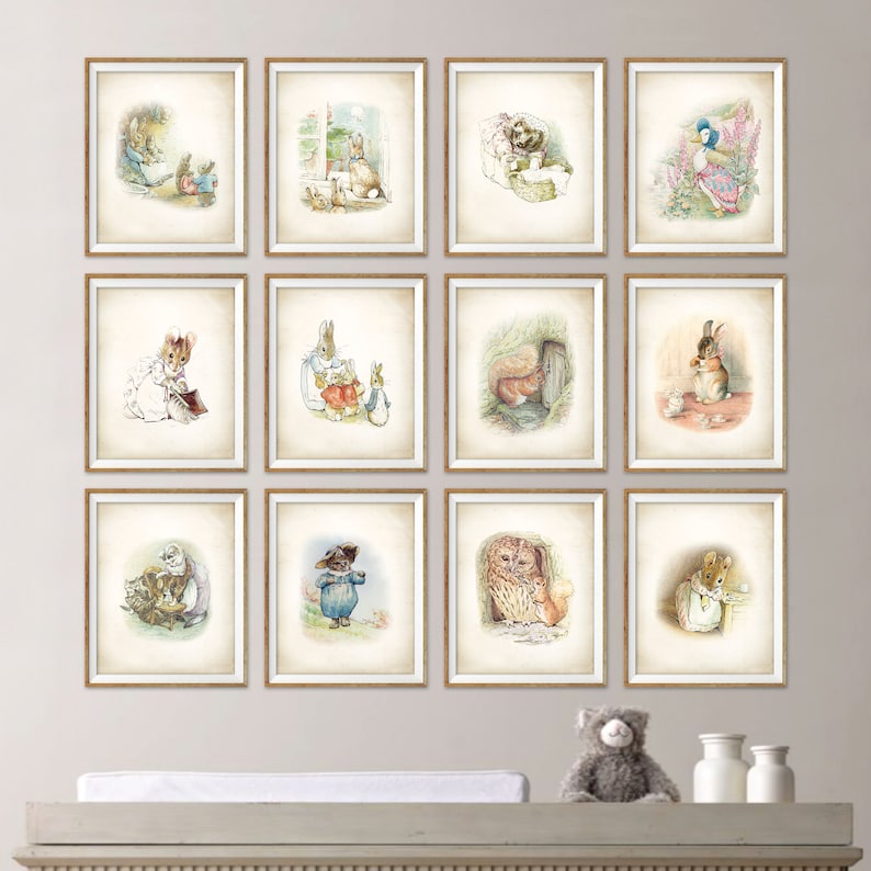 May include: A set of 12 framed prints featuring illustrations of Peter Rabbit and other characters from Beatrix Potter's children's books. The prints are in a vintage style with a cream background and a brown frame.
