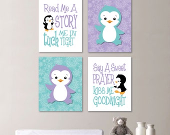 Penguin Nursery Art Prints – Teal Lavender Bedroom Decor