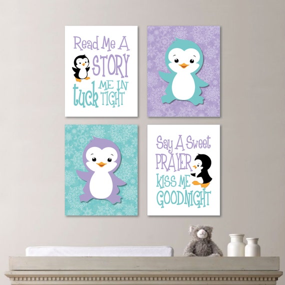 Baby Girl Nursery Art - Penguin Nursery Art - Penguin Nursery Decor - Penguin bedroom Art - Read Me a Story - Teal Lavender  (NS-616)