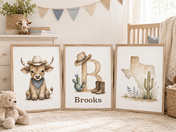 Western Nursery Wall Art Set of 3, Personalized Texas Cowboy Prints, Longhorn Calf Monogram, Baby Boy Nursery Decor