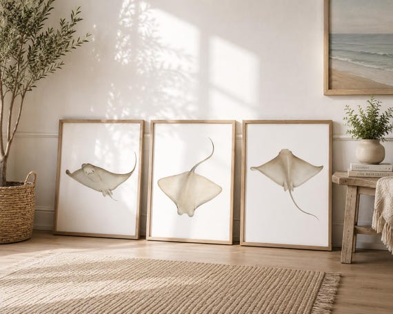 Coastal Stingray Wall Art | Neutral Nautical Beach House Decor | Ocean Nursery Prints | Coastal Living Room Wall Art | Nantucket Decor