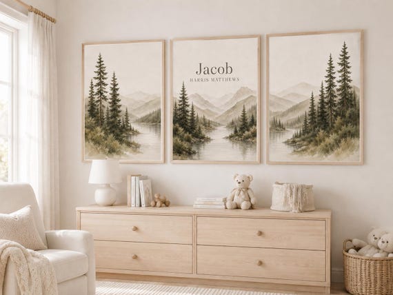 Personalized Mountain Nursery Wall Art Set of 3, Forest Nursery Prints, Baby Boy Woodland Decor, Custom Name Nursery Art