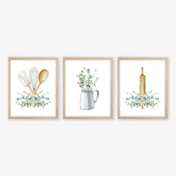 Kitchen Decor. Watercolor Botanical Print Set of 3. Kitchen Wall Art. Botanical Art. Eucalyptus Art. Farmhouse Decor. Farmhouse Art Prints.