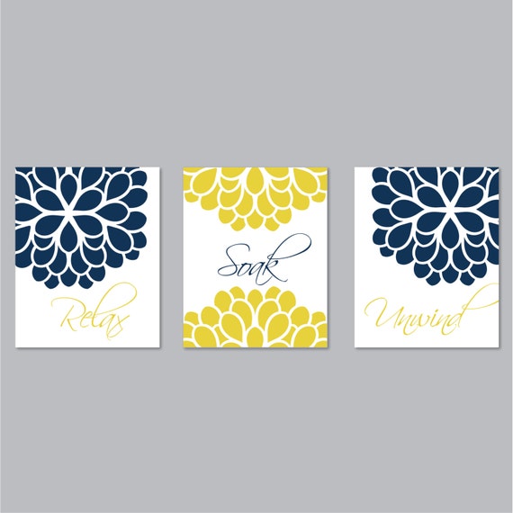 Bathroom Print Art - Relax Soak Unwind - Flower Bathroom - Bathroom Decor. - Shown in Navy Mustard Yellow - You Pick the Size Colors NS-499