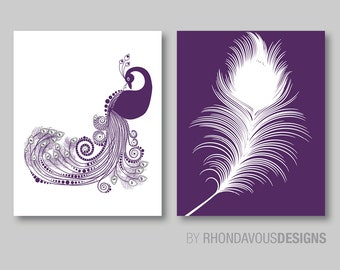 Abstract Modern Peacock and Feather Print Duo. Home Wall Art. Peacock Decor. Peacock Art. Peacock Prints. Bedroom Wall Art Prints. (NS-263)