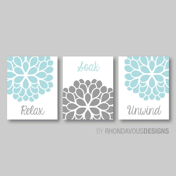 Modern Floral Relax Soak Unwind Print Trio - Bathroom Home Decor Wall - Shown in: Aqua Blue and Gray - You Pick the Size & Colors (NS-254)