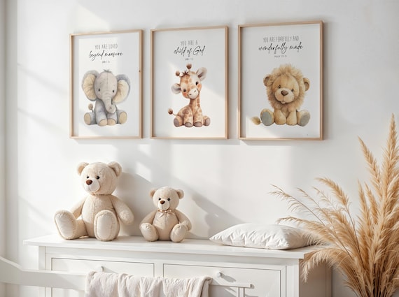 Christian Nursery Wall Art Set of 3: Safari Animal Bible Verse Prints, Gender Neutral Nursery Prints, Elephant Giraffe Lion Wall Art