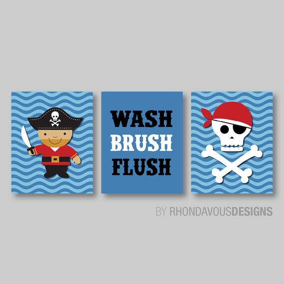 Kid Bathroom Art - Child Bathroom Art - Pirate Bathroom Art - Pirate Bathroom Decor - Bathroom Rules - Wash Brush Flush. Nautical. (NS-583)