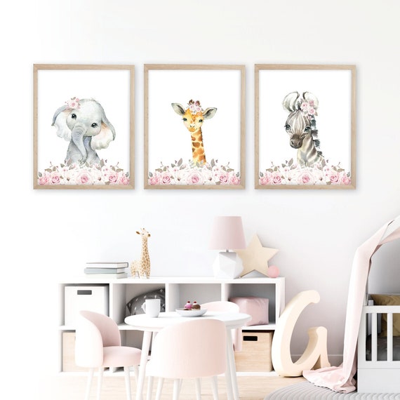 Floral Safari Animal Nursery Prints. Girls Nursery Decor, Girls Safari Nursery Decor, Girls Bedroom Prints, Flower Nursery Art Prints