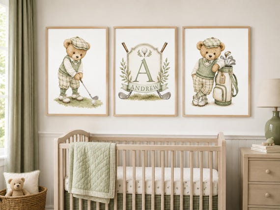 Personalized Golf Nursery Wall Art Set of 3, Sage Green Teddy Bear Golf Prints, Custom Name Monogram, Baby Boy Nursery Decor