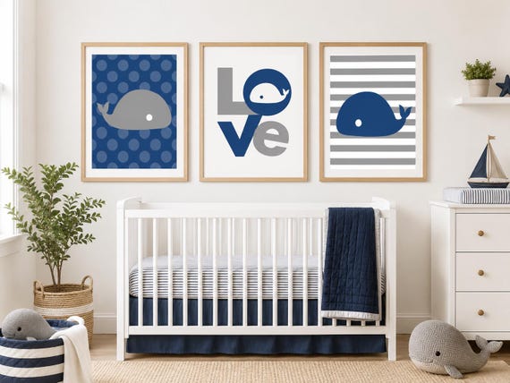 Whale Nursery Wall Art Set of 3, Navy Coastal Baby Boy Nursery Decor