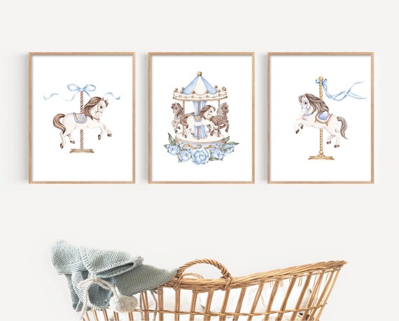 Carousel Horse Nursery Art, Boy Nursery Decor, Baby Blue Nursery Prints, Horse Nursery Wall Art, Animal Nursery Wall Art Prints, Baby Shower