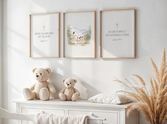 Neutral Christian Nursery Prints Set of 3: Bible Verse Wall Art with Watercolor Christian Nursery Art