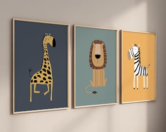 Safari Animal Nursery Prints, Set of 3, Boho Jungle Decor
