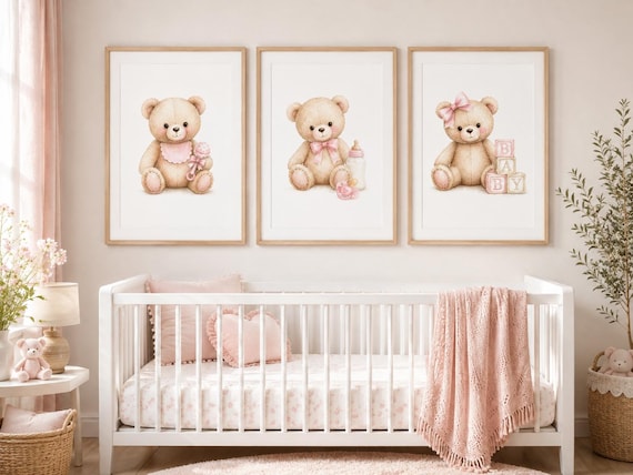 Teddy Bear Nursery Wall Art Set of 3, Pink Baby Girl Nursery Prints, Watercolor Bear Decor