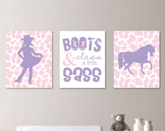 Sassy Cowgirl Trio - Decor. Nursery. Girl. Horse. Boots.  - Shown in Light Pink and Lavender Purple - You Pick the Size & Colors (NS-186)