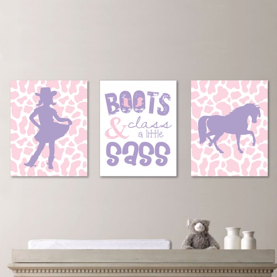 Sassy Cowgirl Trio - Decor. Nursery. Girl. Horse. Boots.  - Shown in Light Pink and Lavender Purple - You Pick the Size & Colors (NS-186)