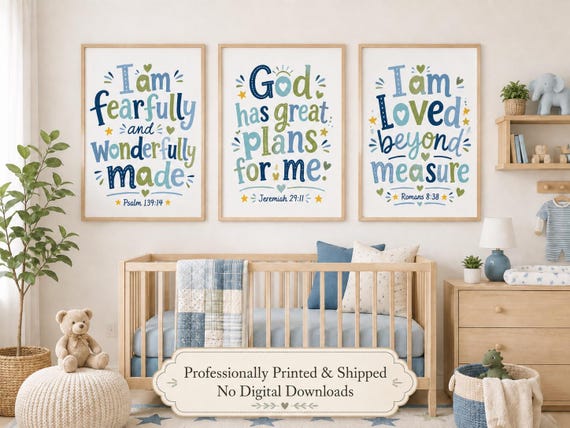 Christian Boy Nursery Wall Art Set of 3, Bible Verse Nursery Prints, Blue Green Kids Room Decor, Scripture Wall Art, Baby Boy Nursery Decor