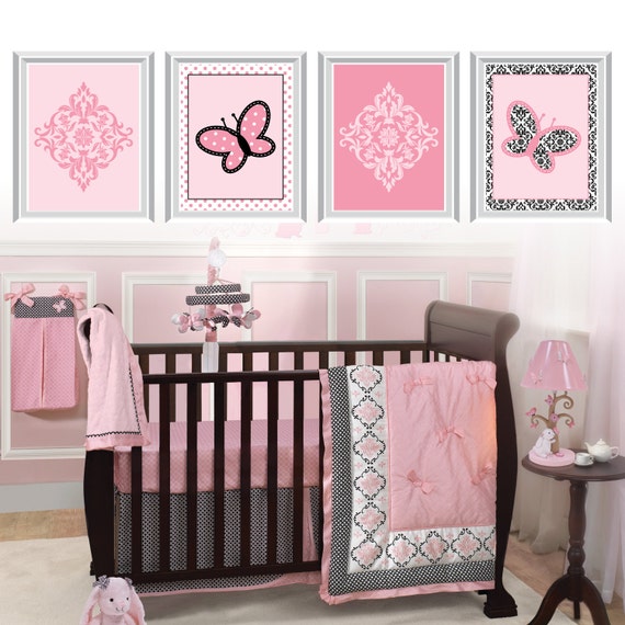 Baby Girl Nursery Art Print - Lambs & Ivy Duchess Art - Butterfly Nursery Art - Butterfly Nursery Decor - damask art. pink black. NS-696