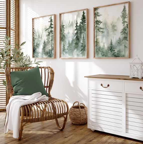 Misty Forest Wall Art Set of 3 | Moody Green Pine Tree Prints | Mountain Cabin Decor | Rustic Woodland Wall Art