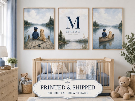 Personalized Lake House Nursery Prints, Heritage Boy Wall Art Set of 3,  Boy Fishing Wall Decor