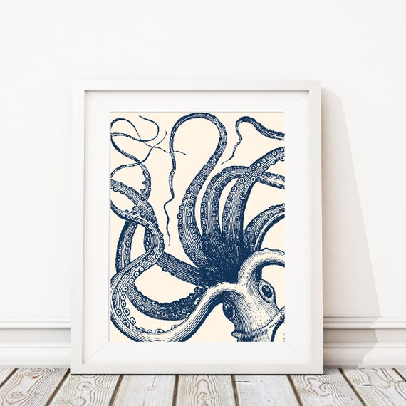 Octopus Art - Octopus Print - Nautical Decor - Nautical Nursery - Kraken Art - Kraken Print - Nautical bathroom - Ivory Navy (S-479)