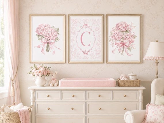 Coquette Nursery Decor: Girl Nursery Wall Art Set of 3, Personalized Pink Hydrangea Prints, Coquette Bow Decor, Cottagecore Baby Girl Prints