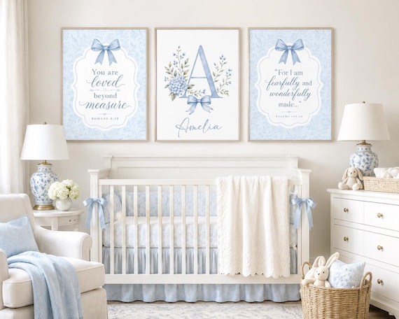 Blue Coquette Christian Nursery Wall Art | Personalized Monogram Baby Prints | Christian Bible Verse Nursery Decor | Coquette Prints