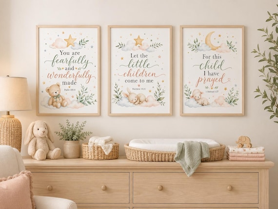 Christian Nursery Wall Art Set of 3, Watercolor Bible Verse Prints, For This Child, Fearfully Made, Little Children, Baby Room Decor