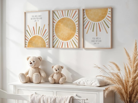 Boho Christian Nursery Wall Art Set of 3: Bible Verse Nursery, Neutral Baby Room Decor, Sun Nursery Prints, Gender Neutral Nursery Wall Art