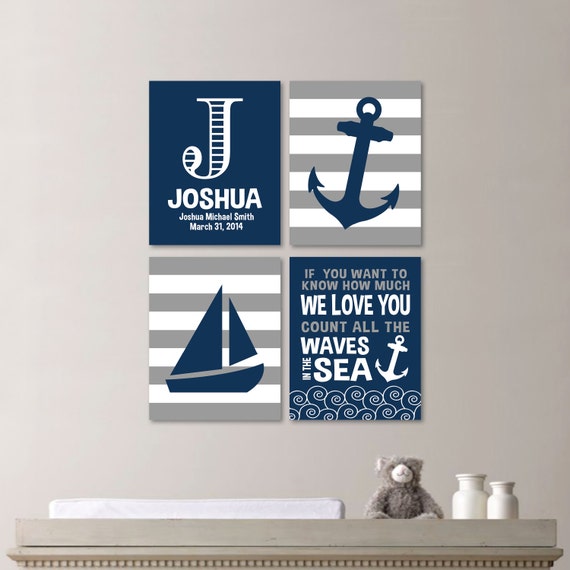 Baby Boy Nursery Art - Nautical Nursery Decor - Nautical Nursery Print -Nautical Nursery Art -Navy White Gray - You Pick the Size - NS-512)