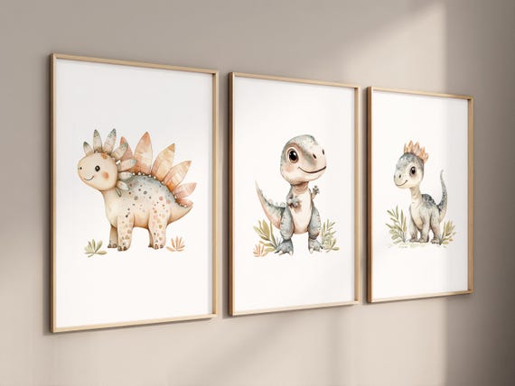 Set of 3 Watercolor Dinosaur Nursery Prints, Neutral Tones Wall Art