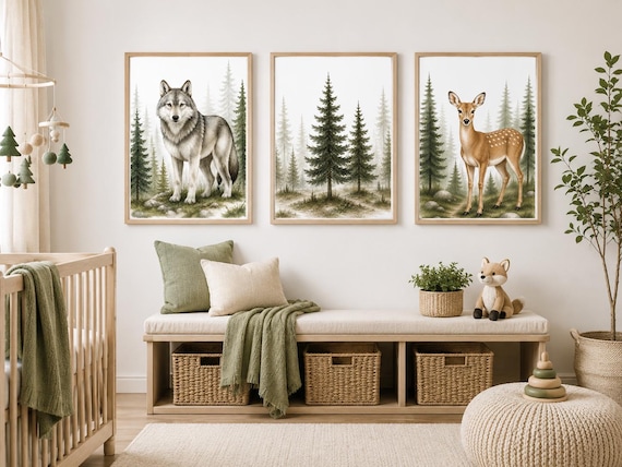 Woodland Nursery Wall Art Set of 3, Wolf Deer Forest Prints for Baby
