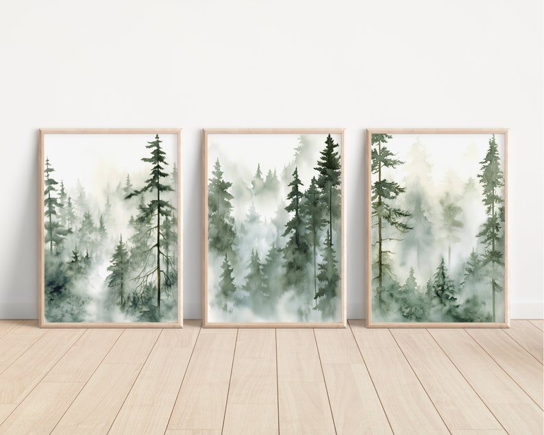 Misty Forest Wall Art Set of 3 | Moody Green Pine Tree Prints ...