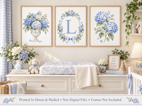Blue Hydrangea Nursery Prints, Set of 3 with Custom Monogram, grandmillennial, cottage nursery decor