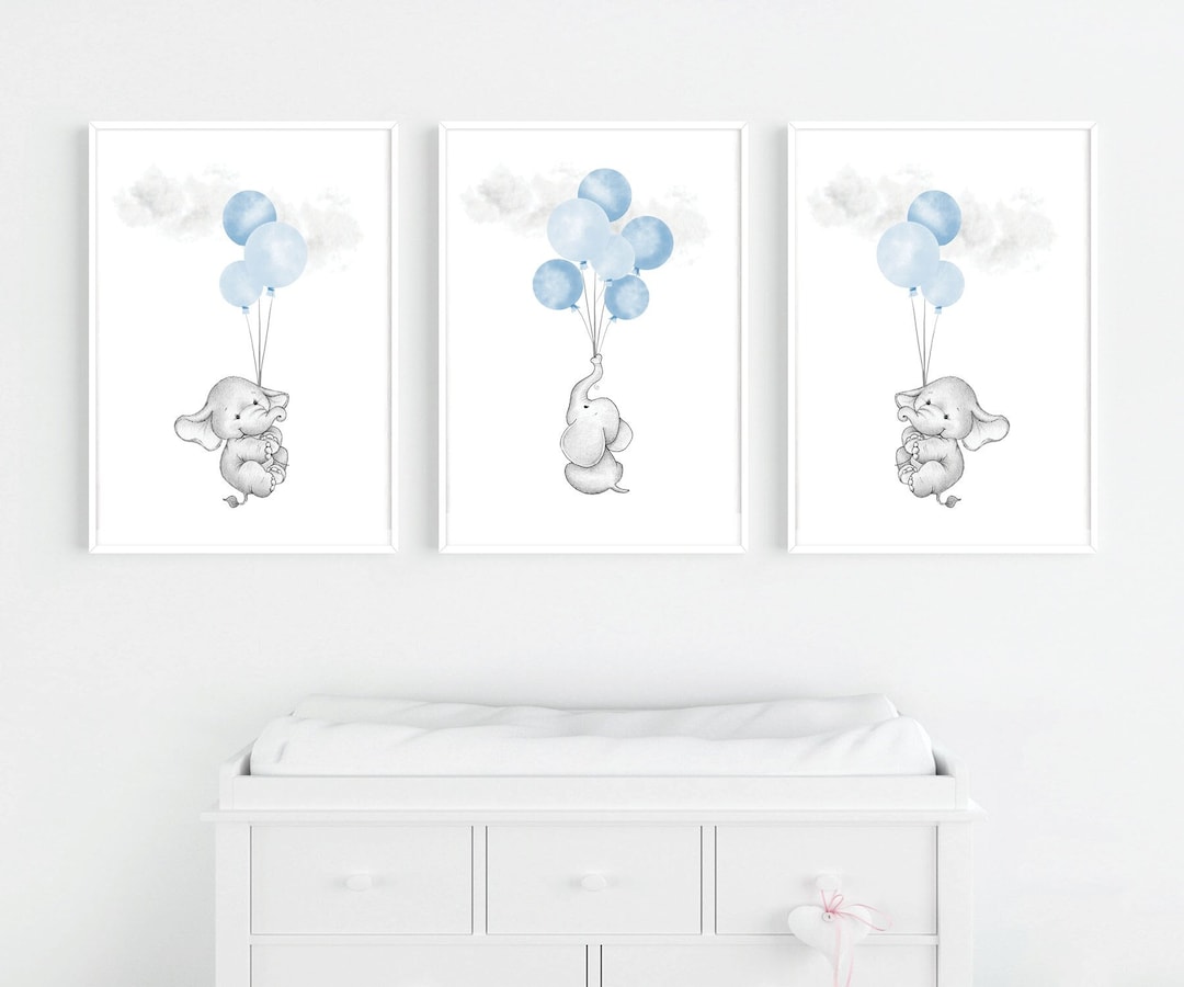 Blue Nursery Wall Art, Elephant Nursery Decor, Elephant Nursery Wall