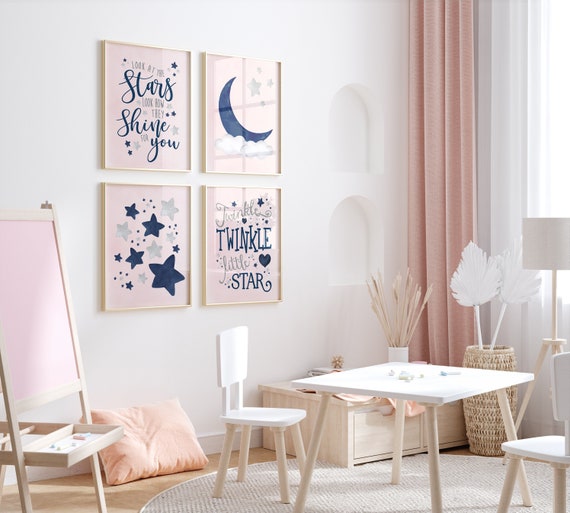 Nursery wall art girl, blush and navy nursery, cloud, stars, blush pink nursery art, cloud and stars, baby room decor for girls