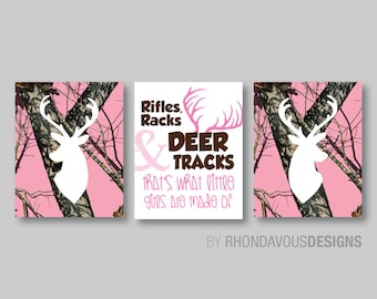 Pink Camo Deer Head Print Trio - Tree Camouflage Antlers Buck Hunting Girl Kid Child Nursery - You Pick the Size (NS-378)