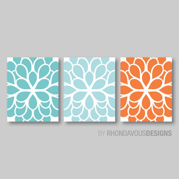 Teal Aqua Orange Dahlia Flower Print Trio - Home Petals Bloom Wall Art Bedroom Nursery Bathroom Decor. - You Pick the Size & Colors (NS-276)