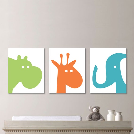 Baby Boy Nursery Art - Hippo Nursery Art - Giraffe Nursery Decor - Elephant Nursery - Zoo Animal Nursery Art - Orange Green Blue -  (NS-591)