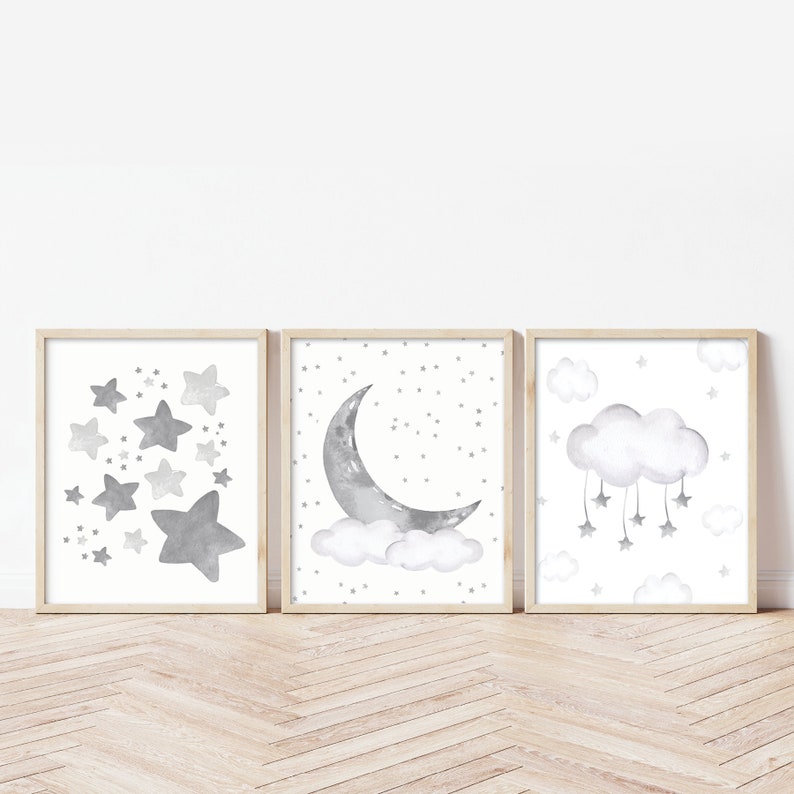 Gray Nursery Wall Art Grey Nursery Decor Moon and Stars Etsy