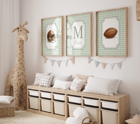 Personalized Football Nursery Wall Art Set of 3: Sage Green Baby Boy Nursery Decor, Vintage Football Prints, Sports Nursery Wall Art